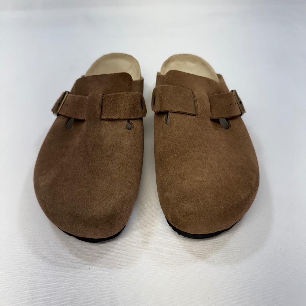 Quince Suede Clog Mules Women Size 8 Brown Buckle Strap Cork Footbed Shoes - Picture 2 of 12